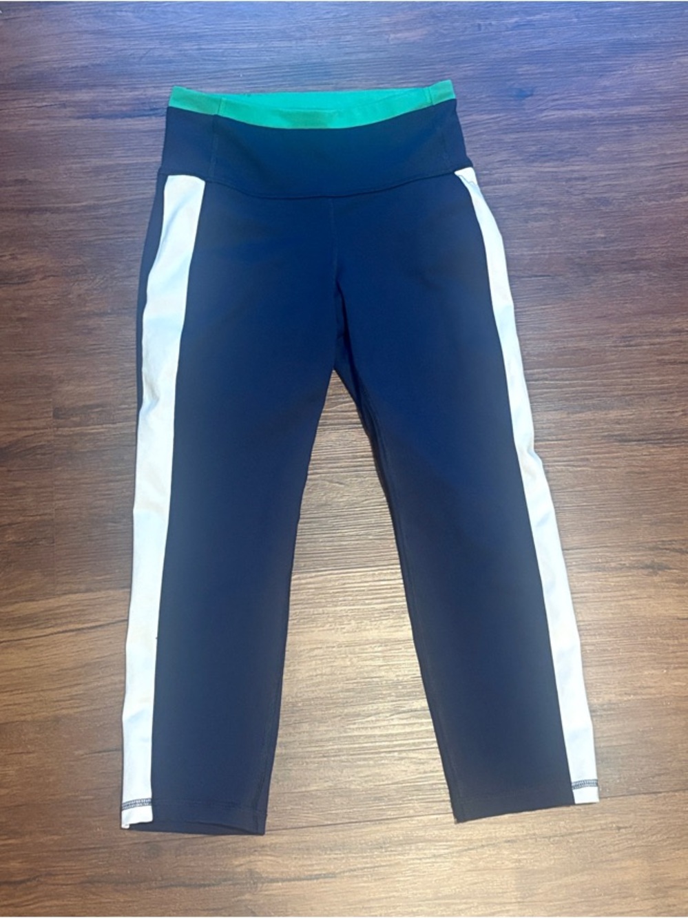 Old Navy Black Leggings with White Side Panels and Green Waistband